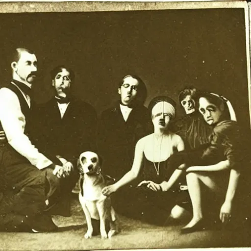 Image similar to a 1900s photo of a cultists worshiping a dog