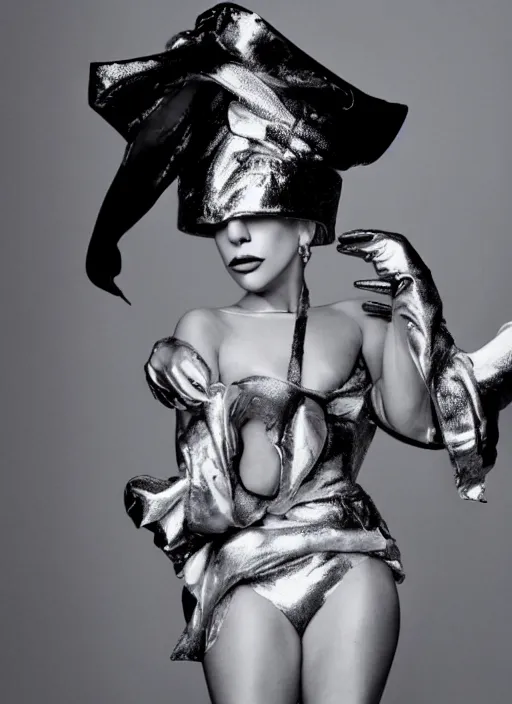 Prompt: lady gaga styled by nick knight posing, couture, vogue magazine, highly realistic. high resolution. highly detailed. dramatic. 8 k. 4 k.