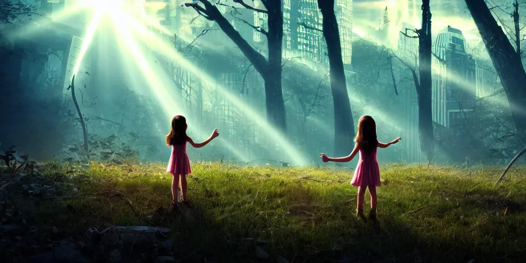 Image similar to sci - fi scene future new york, little girl alone holding onto the outstretched hand of a giant robot, forest punk, little girl meets robot, crepuscular rays, epic scene, hyper realistic, photo realistic, overgrowth, cinematic atmosphere, ethereal lighting,