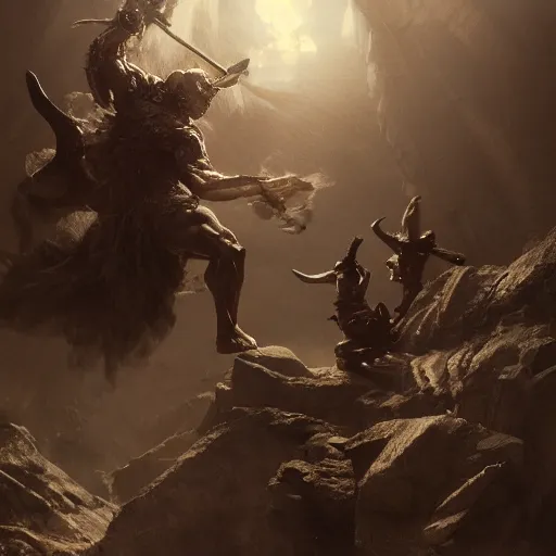 Image similar to an epic battle between the devil and god, volumetric lighting, 8 k octane beautifully detailed render, post - processing, extremely hyper - detailed, intricate, epic composition, cinematic lighting, masterpiece, trending on artstation, detailed detailed detailed, masterpiece, stunning art by anders zorn, wonderful masterpiece by greg rutkowski, beautiful cinematic light,