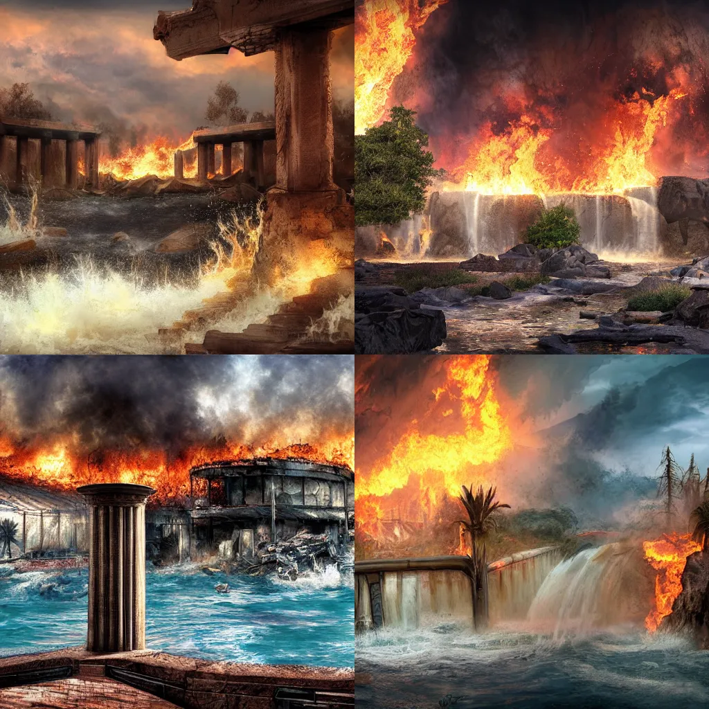 Prompt: broken down pillars over raging waters, conflagration in the back, realistic, highly detailed, digital art, apocalyptic, epic lighting, epic scale