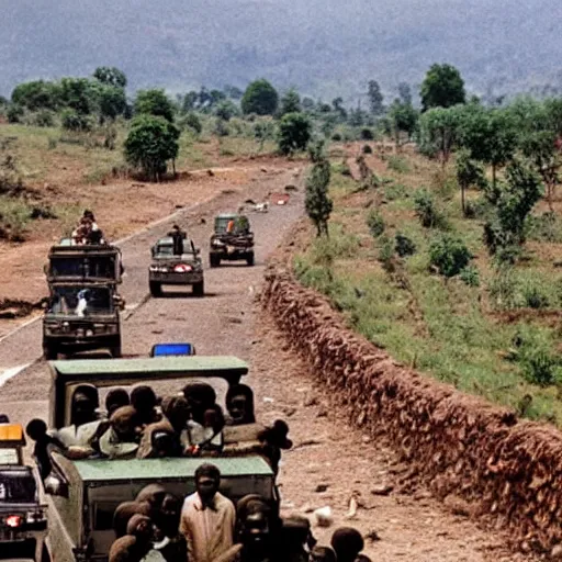Image similar to film still, French Military convoy in 1994 Rwanda génocide