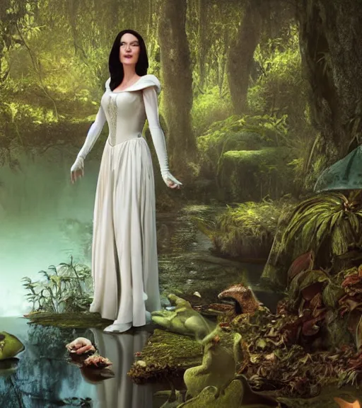 Image similar to film still of Monica Bellucci as snow white in a forest by a pond with frogs, by artgerm, makoto sinkai, magali villeneuve, Gil Elvgren, Earl Moran,Enoch Bolles, symmetrical,