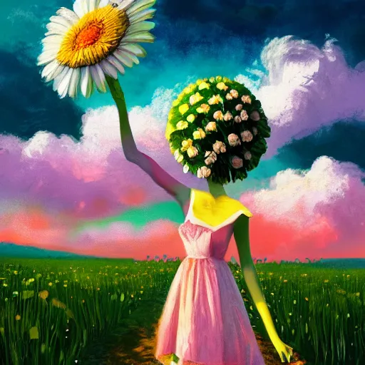 Image similar to giant daisy flower as a head, girl walking in flower field, surreal photography, moon light, dramatic, impressionist painting, colorful clouds, digital painting, artstation, simon stalenhag