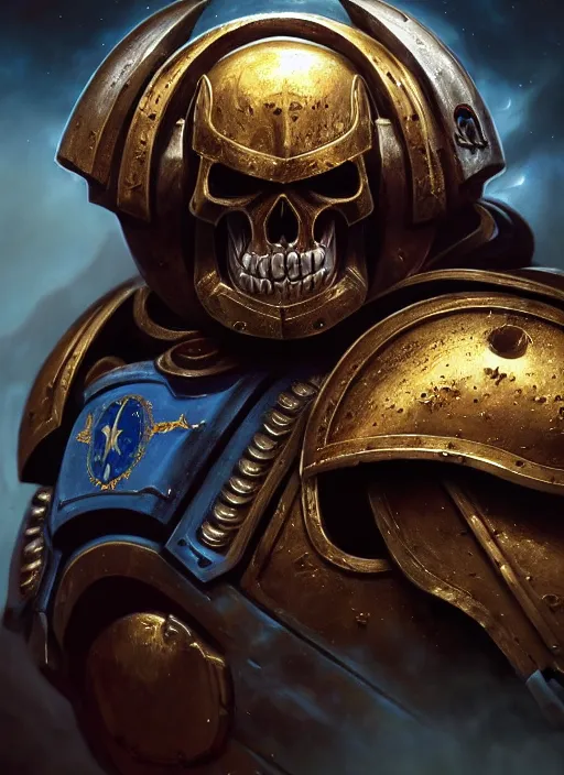 Prompt: space marine chaplan with skull helm, extremly detailed digital painting, warhammer 4 0 k, strong rim light!!!!!, raymond swanland, tomasz alen kopera, unreal engine 5, intricate, exquisite lighting, highly detailed, cinematic lighting, art, octane render, very coherent, cinematic, 8 k, trending on artstation