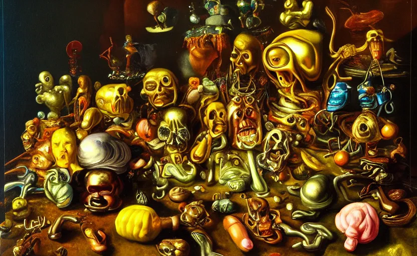 Prompt: disturbing colorful oil painting dutch golden age vanitas still life with bizarre recursive humanoid faces strange beautiful curvy women metal objects shiny gooey surfaces shiny metal bizarre insects rachel ruysch dali todd schorr very detailed perfect composition rule of thirds masterpiece canon 5 0 mm, cinematic lighting, chiaroscuro