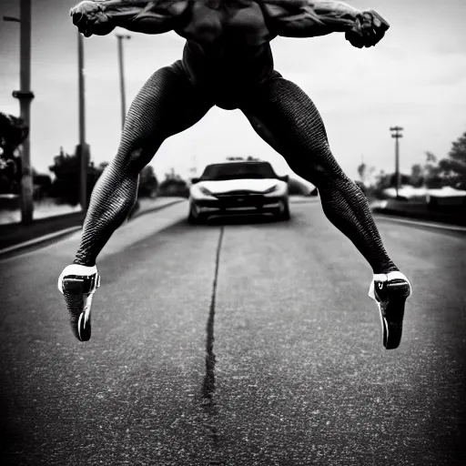 Prompt: car jumping, bodybuilder, woman, photo, digital art, hands, underbody, tire, throw, standing