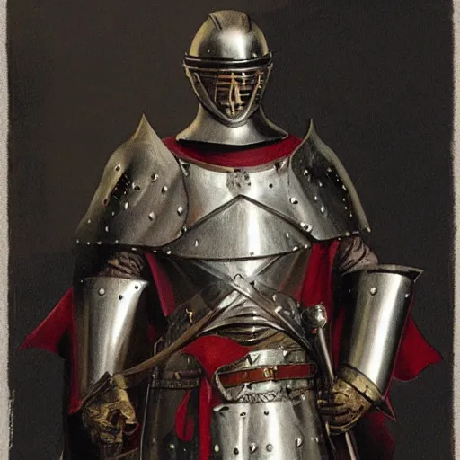 Prompt: man in decorated 15 century crusader armor, helmet and white cape drawn by greg rutkowski realistic high detail