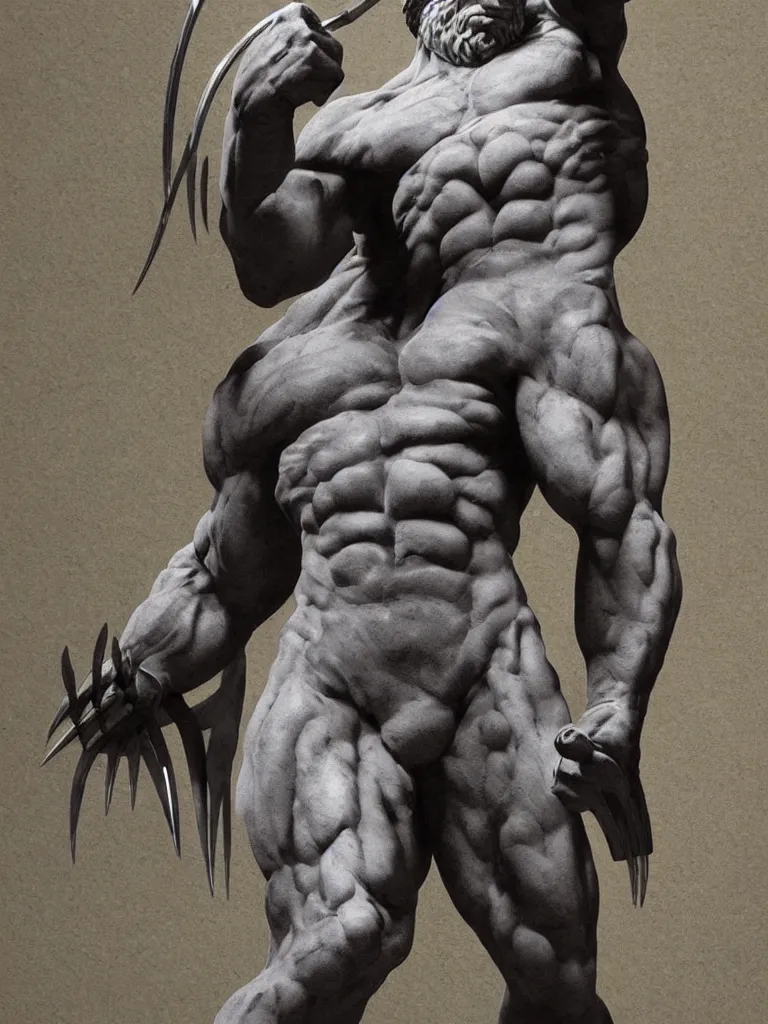 Prompt: a marble statue of wolverine by Michaelangelo