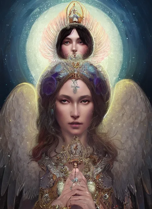 Image similar to A beautiful digital painting of a female Seraphim full of jewels, princess, the moon behind her, intricate, cinematic lighting, highly detailed, digital painting, Artstation, concept art, smooth, sharp focus, illustration, art by Tom Bagshaw, Artgerm and Greg Rutkowski