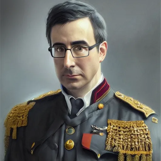 Image similar to portrait of stoic looking john oliver, military uniform, fantasy, intricate, elegant, highly detailed, centered, dark, smokey, charcoal painting, digital painting, artstation, concept art, smooth, sharp focus, illustration, art by artgerm and greg rutkowski and alphonse mucha