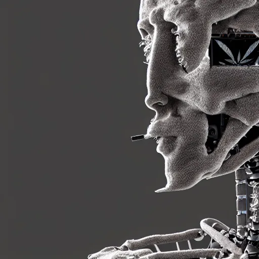 Image similar to an amazing deep portrait of a robot made of marijuana being smoked, intricate detail, volumetric lighting, 8 k, photorealistic, digital art trending on artstation