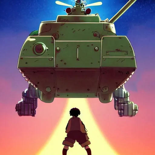 Prompt: a beautiful movie still in the style of Studio Ghibli anime showing a tank fighting an Alien from Aliens (1986). Studio Ghibli, trending on artstation, trending on behance