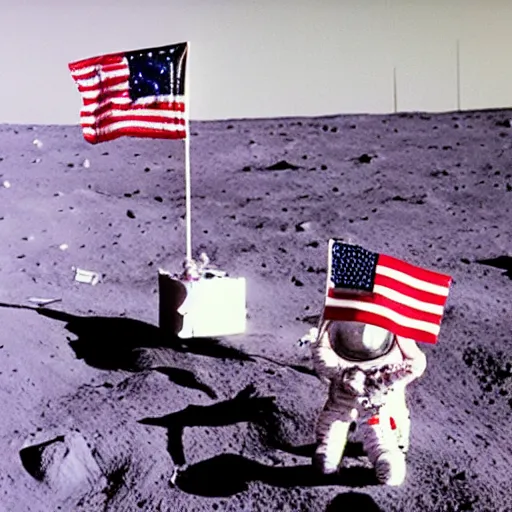 Prompt: old photo of a muppet on the moon, ( ( usa flag ) ), next to moon lander