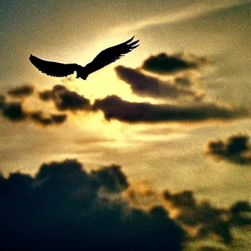 Prompt: close - up realistic shot radiant white dove flying over clouds sunset ethereal vintage photograph film grain surreal awe - inspiring