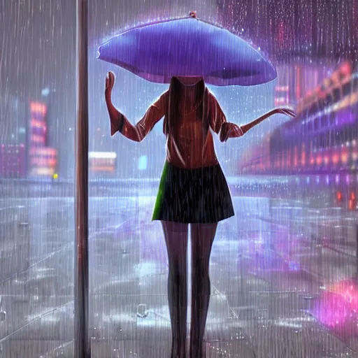 Image similar to hyperdetailed realistic digital painting of a beautiful wet girl wearing a short skirt in the rain interacting with a holographic interface on a wall in a future cyber punk style city trending on art station