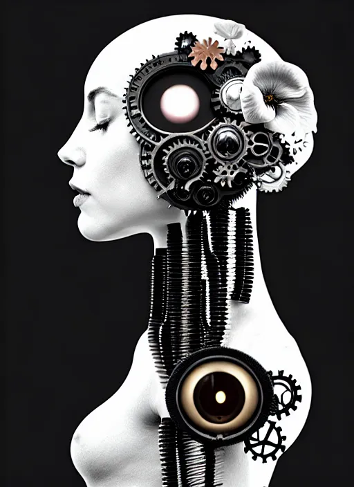 Image similar to black and white dreamy foggy profile face portrait, one steampunk eye biomechanical beautiful young female cyborg - robot, body ribs meshes, big monocular, volumetric light, hibiscus flowers, by hg giger, rim light, by dora maar and cecile beaton, big gothic fashion pearl embroidered collar, 8 k