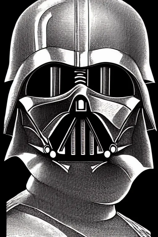 Image similar to sideview waist up portrait of darth vader by laurie greasley and rene magritte, etching by gustave dore, intricate, sharp focus, illustration, highly detailed, digital painting, concept art, masterpiece