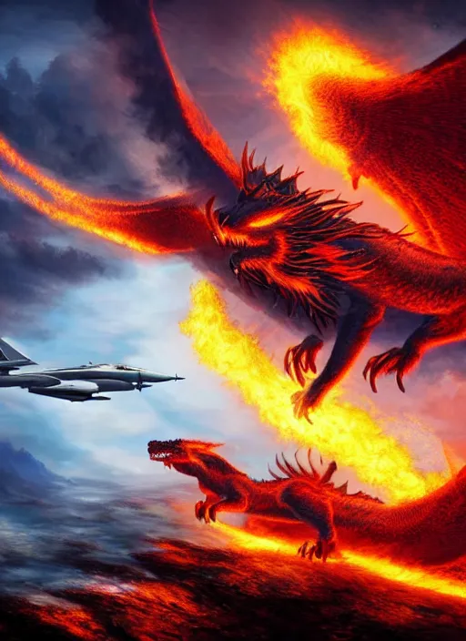 Prompt: a majestic firedragon king creature fighting a fighter jet, 8 k, magic realism, beautiful composition
