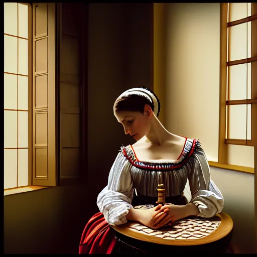 Image similar to hyperrealism photography in caravaggio style computer simulation visualisation of parallel universe sit - com scene with beautiful highly detailed ukrainian woman wearing ukrainian traditional shirt designed by taras shevchenko and woman wearing retrofuturistic sci - fi neural interface by josan gonzalez. hyperrealism photo on pentax 6 7, kodak portra 4 0 0 volumetric natural light - s 1 5 0