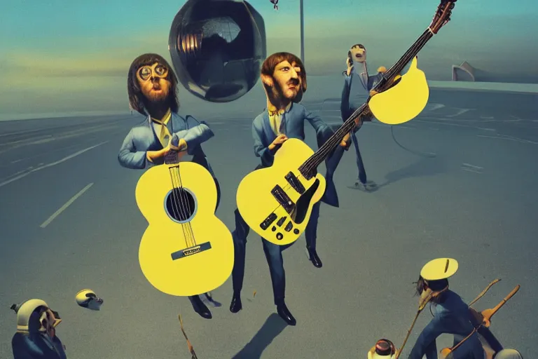 Image similar to the beatles performs with guitar on a yellow flying minivan, sci fi, art by mike winkelmann, trending on cgsociety, retrofuturism, darksynth, sci - fi