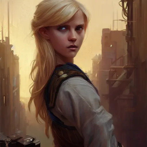 Prompt: portrait of a young thief in the slums of a fantasy city, dirty blonde hair, d & d, fantasy, joyful smirk, intricate, elegant, highly detailed, digital painting, artstation, concept art, matte, sharp focus, illustration, art by artgerm and greg rutkowski and alphonse mucha