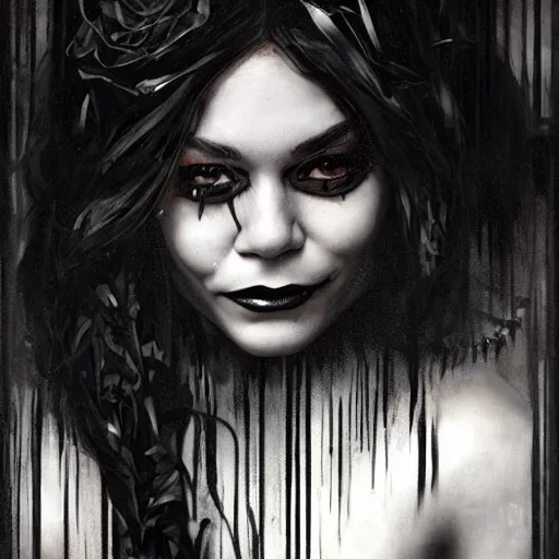 Image similar to beautiful portrait of vanessa hudgens as death from sandman, smiling, by cedric peyravernay, alphonse mucha, by jeremy mann, by lecouffe deharme, goth chic, soft lightning, eyeliner, punk rock, high detailed, 8 k