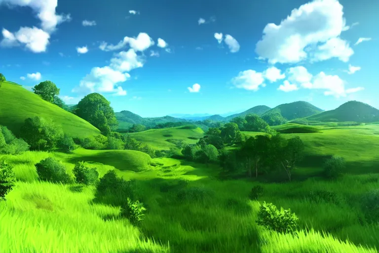 Image similar to wide green hilly, lush scenic landscape, blue sky, white clouds, video game style, unreal engine, cinematic look, anime, highly detailed