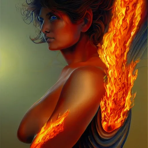 Image similar to A stunning painting of a goddess with a body engulfed in flames by Jim Burns, 8K UHD, intricate, fantasy, Trending on artstation.