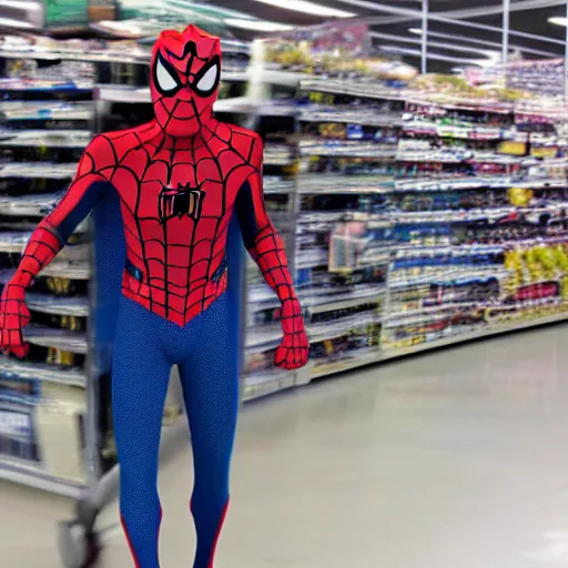 Prompt: spider-man caught on walmart security camera