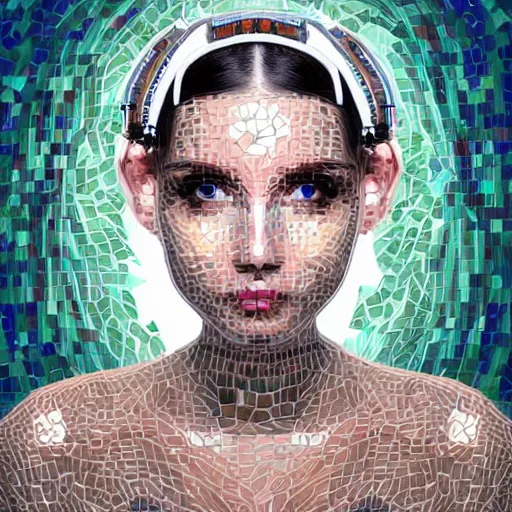 Prompt: portrait mosaic of a beautiful cute girl with robot ears and eyes, 4k, intricate details, digital, neoclassical