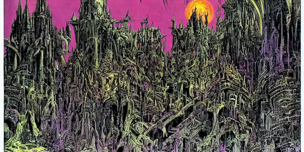 Image similar to scifi gothic castle bustling with orcs and elven mystics, by philippe druillet, psychedelic colors