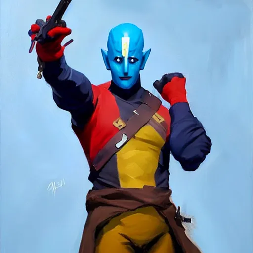 Image similar to greg manchess portrait painting of yondu as overwatch character, medium shot, asymmetrical, profile picture, organic painting, sunny day, matte painting, bold shapes, hard edges, street art, trending on artstation, by huang guangjian and gil elvgren and sachin teng