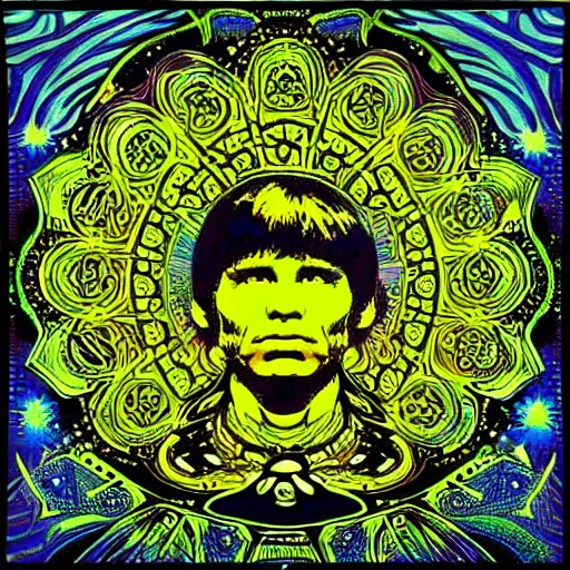 Image similar to portrait of jim morrison psychedelic blacklight art, intricate mandala, mushrooms, trees, by shepard fairey