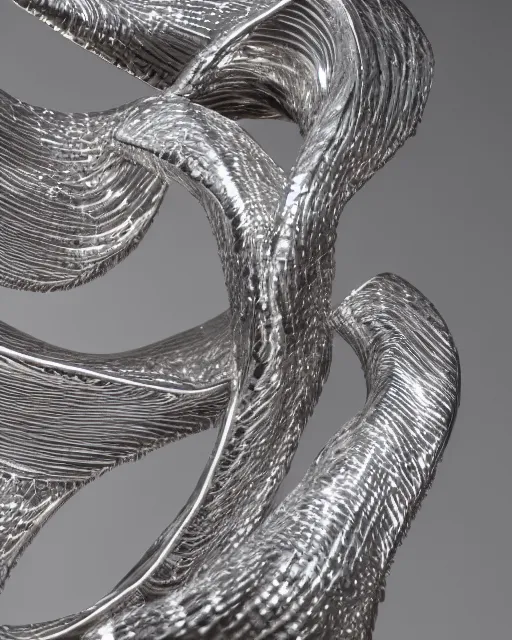 Prompt: studio shot of an intricate silver twisting statue, intricate mathematical shape, professional, textured silver, scratched metal, well lit professional photo, chromatic, HD photography, 4k