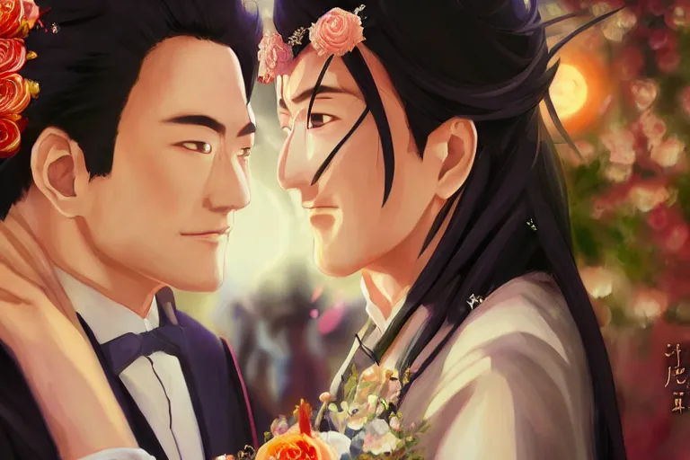 Image similar to a cinematic portrait of wedding photograph jpeg close up moment of a divine a japan sun god and moon goddess lovers magician at a wedding banquet. portraiture. digital painting. artstation. concept art. wedding photo. digital painting. naruto the movie art masterpiece by art by krenz cushart