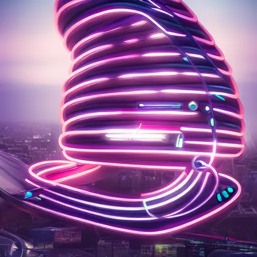 Prompt: Treble clef shaped building, modern, neon, futuristic, hyper realistic, trending on artstation, highly detailed, 8K IMAX, beautiful, digital art