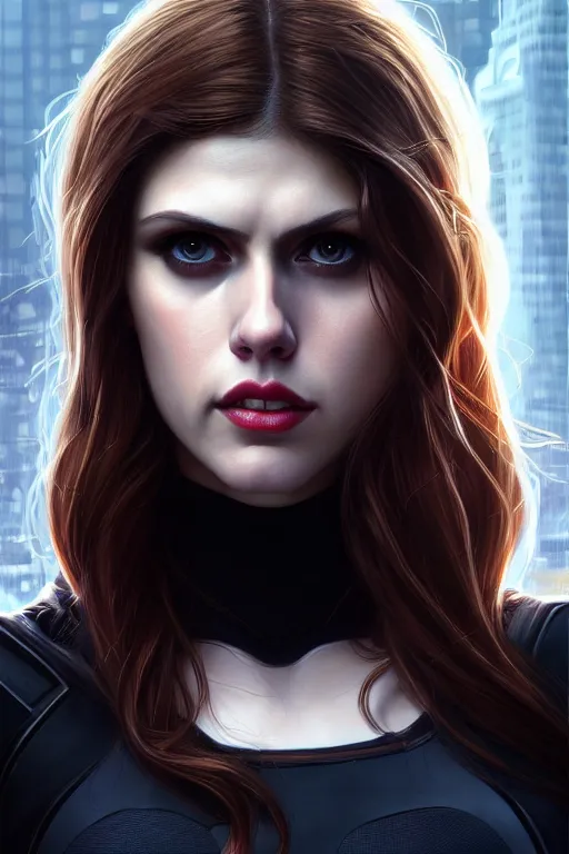 Image similar to alexandra daddario as black widow, realistic portrait, symmetrical, highly detailed, digital painting, artstation, concept art, smooth, sharp focus, illustration, cinematic lighting, art by artgerm and greg rutkowski and alphonse mucha