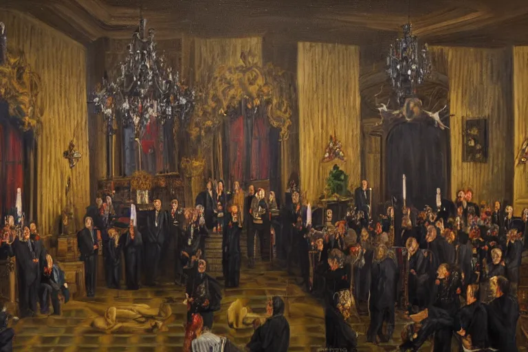 Prompt: a dark sinister ritual at a freemason temple, oil painting, highly detailed