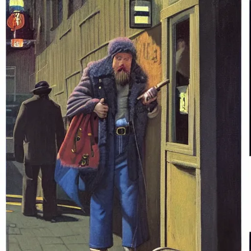 Image similar to 1 9 7 0 : a hirsute broad man in a { denim shearling jacket } smokes a { lit cigarette } outside a lonely bar in queens at 1 am, high quality high detail art by angus mcbride & n. c. wyeth, hd, realistic, photorealistic lighting, composition inspired by gregory crewdson.