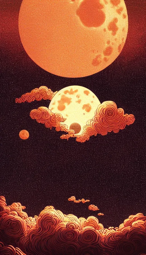 Image similar to copper harvest moon floating on cosmic cloudscape at sunset, futurism, dan mumford, victo ngai, kilian eng, da vinci, josan gonzalez