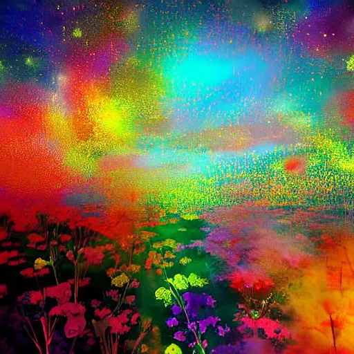 Prompt: spirits over the horizon, spiritual, digital art, warm color palette, colorful, vapor, mist, flowers, floral, diffraction grading, de - noise, by akihito yoshida, by weta fx, by yaoy kusama, by yoshitaka amano