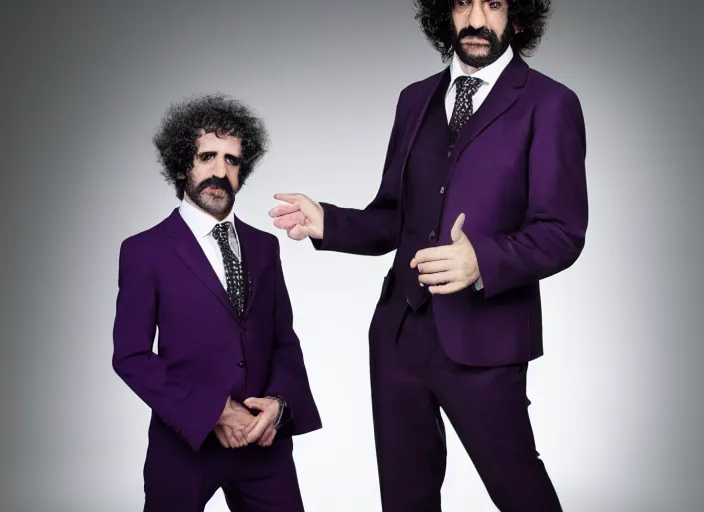 Image similar to caparezza wearing a tight dark purple suit, elegant, promotional photo, studio lighting