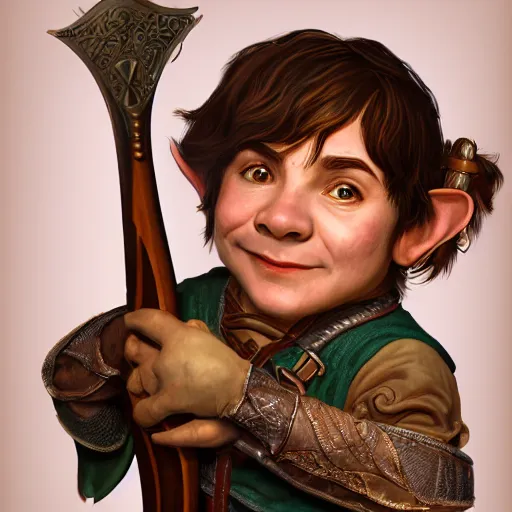 Prompt: realistic portrait of a halfling male holding a lute, happy, bard, short hair, intricate details, cinematic, photo, fantasy, medieval, trending on artstation, digital art, in the style of wizards of the coast