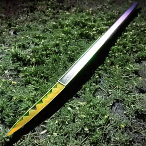 Prompt: A katana with an emerald blade lying in a field of flowers at night