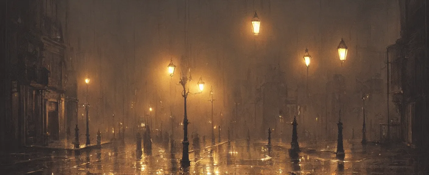 Prompt: Industrial age London street at night, dimly lit by gaslight, eerie, painting, by Greg Rutkowski