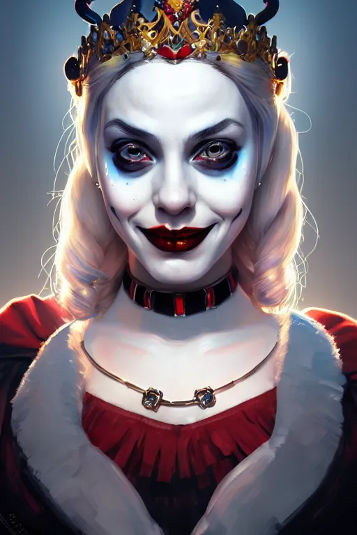 Prompt: highly detailed portrait of an elegant harley quinn, ornate crown, beautiful symmetrical face, glowing skin, digital painting, artstation, concept art, smooth, clear focus, illustration, greg rutkowski, artgerm, global lighting, detailed and fantasy