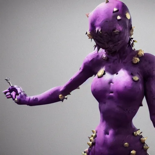 Image similar to cute girl, rubber spikes on the body, rubber skin spikes, spikes are from rubber, purple skin, skinny, gold armor, battleground background, battlefield, concept art, artstation, award winning, high detailed, 4k, 8k, hd textures, octane render, intricate details, volumetric lighting, realistic, hyperdetailed