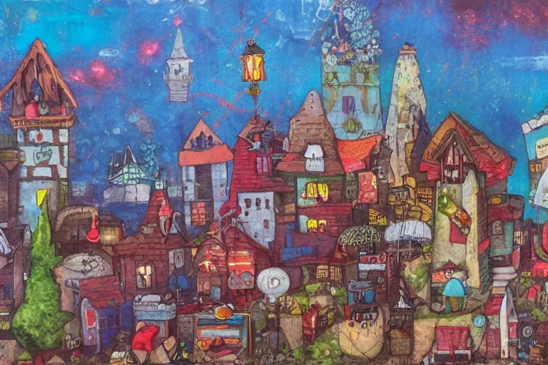 Image similar to a small fantasy town, mixed media on canvas, 2 d, whimsical,