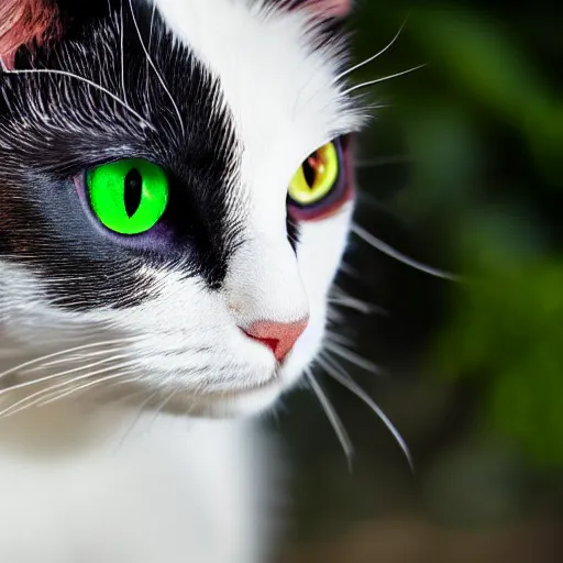 Prompt: white and black cat with green eyes dominates planet earth, destruction, global war